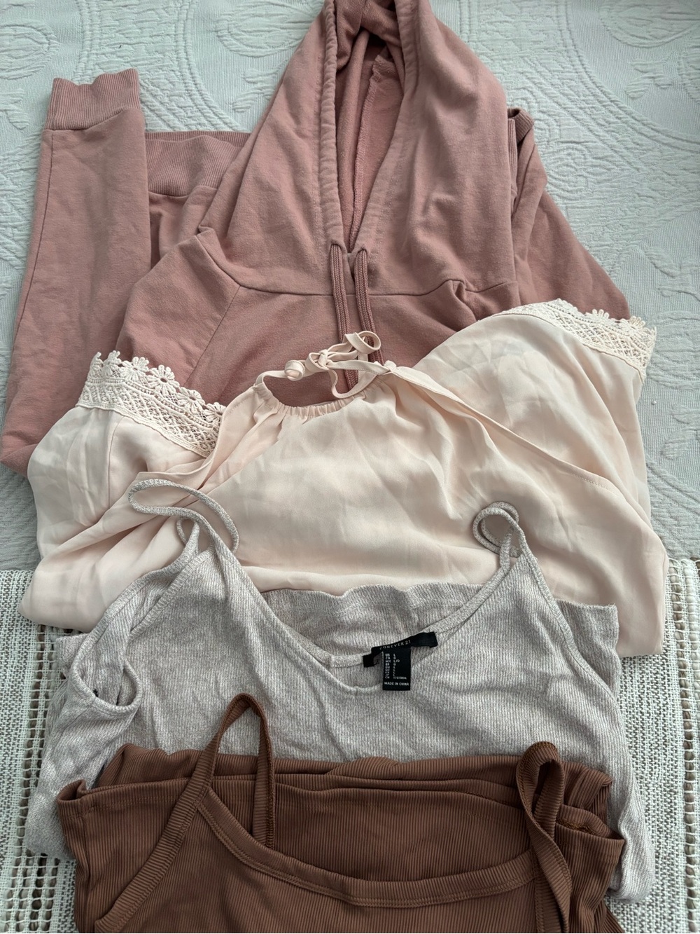 Women’s Mixed Nuetrals— Pink, Blush, Gray, Brown 2 tanks one halter top & hoodie